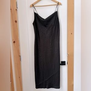 Emma & Michelle, black satin slip dress with animal print design, size M